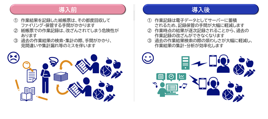 導入前 ①作業結果を記録した紙帳票は、その都度回収してファイリング・保管する手間がかかります ②紙帳票での作業記録は、改ざんされてしまう危険性があります ③過去の作業結果の検索・集計の際、手間がかかり、見間違いや集計漏れ等のミスを伴います 導入後 ①作業記録は電子データとしてサーバーに蓄積されるため、記録保管の手間が大幅に軽減します ②作業時点の結果が逐次記録されることから、過去の作業記録の改ざんができなくなります ③過去の作業結果検索の際の煩わしさが大幅に軽減し、作業結果の集計・分析が効率化します