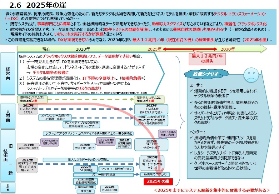 2025年の崖(引用:DXレポート~ITシステム「2025年の崖」の克服とDXの本格的な展開~)